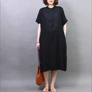 Summer new literary and artistic youth solid color round neck short-sleeved dress womens plus size loose casual mid length dress㏇X0411