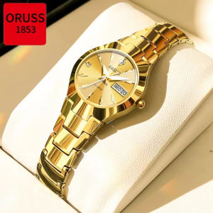 [Gift][With Box]ORUSS Original Women/Men Stainless Steel Luxury Dual Calendar Waterproof Gold Small Watch Analog Fashion Business Korean Automatic Quartz Wrist Minimalist Watch For Women Elegant