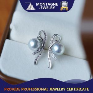 Montagne Jewelry 18k Pure White Gold Earring for women Bowknot Design Fine Jewellery Natural 7-7.5mm Grey Blue Pearl Earrings Stud Earring