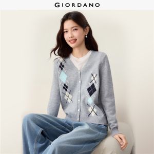 Giordano Women Contrast argyle jacquard v-neck cardigan Free Shipping 18356010