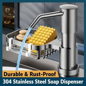 2-in-1 Soap Dispenser SUS304 with Sponge Holder Space-Saving 1M Tube for Kitchen Sink