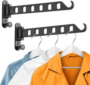 Wall Mounted Clothes Hanger with Swing Arm Laundry Room Drying Rack Swing Away Valet Hook Foldable 180°Rotation Sturdy Hanging Solid Aluminum (2-Pack Black)