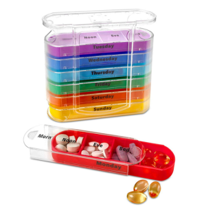 Weekly Pill Organizer Four Times-a-Day 1 Dispenser with Stackable AM/PM Compartments