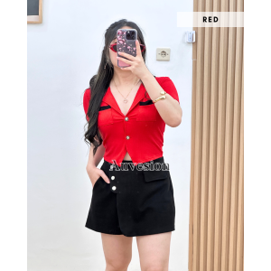 6232 Meilin Two Tones Button Collar Knit Crop Top | Atasan Wanita Crop