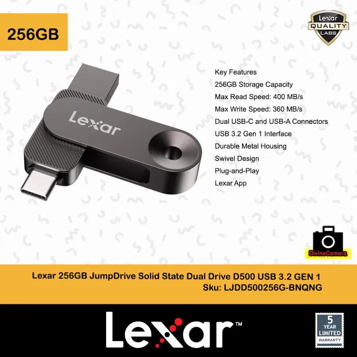 Lexar 256GB/512GB JumpDrive Dual Drive D500 USB 3.2 Gen 1 Flash Drive (USB-C / USB-A)