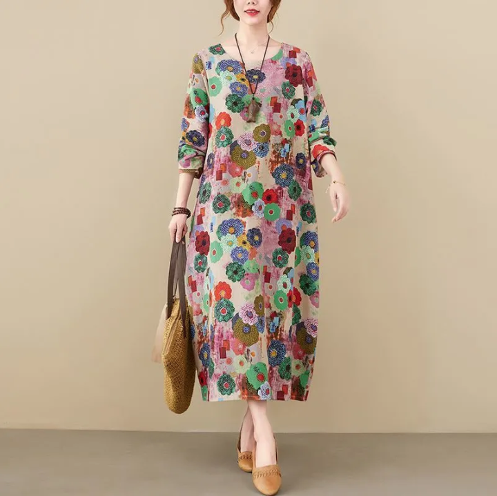 CottonDesign Long Sleeve Vintage Print Dresses for Women Spring