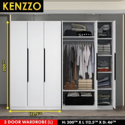 KENZZO Almari Baju 200CM Tinggi + Premium Wood | Large 3 Door Wardrobe | Terra Wardrobe