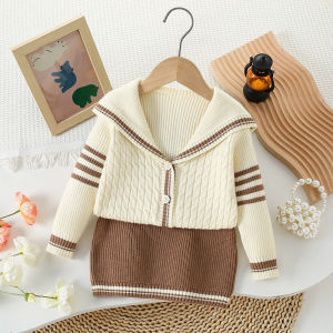 Gấu Lãnh Đạo quần áo trẻ em Cô Gái Thời Trang Bộ Màu Đỏ Mùa Đông Ve Áo Áo cardigan Dệt Kim + Váy 2-Mảnh Bộ Mùa Đông phong cách Đại Học Sọc Giáng Sinh Trẻ Em Của Phù Hợp Với Năm Mới Của Áo Len quần áo bé gái
