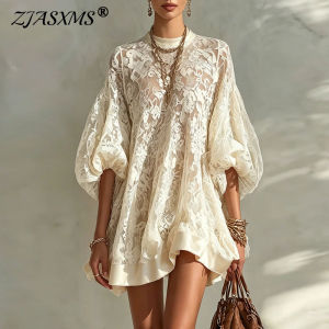 Women Floral Lace Solid Mini Dress O Neck Puff Lantern Sleeve Loose Flowy Sheer Dress Casual Boho Beach Holiday Ruffle Hem Dress2026