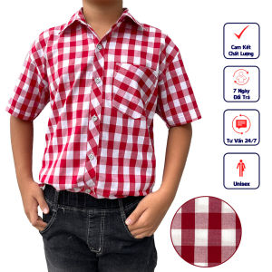 Sơ mi bé trai ngắn tay size lớn cho bé trai đủ kích cỡ từ 40kg đến 60kg phong cách thời trang với màu áo caro đỏ làm điểm nhấn phù hợp đi chơi du lịch CDT04