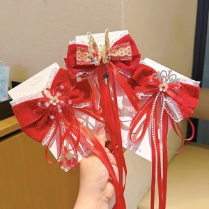 JOEYTH Plush Bow Ribbon Hair Clip Pompom Bright Red Hanfu Hair Ornamen Holiday Cute New Year Hairpins Festival