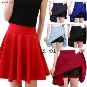 Ruizhijzg Women Pleated Skirts Plus Size Korean Style Plain Color A Line Ladies Slim Temperament High Waist Dance Midi Elastic Waist Elegant Office Work Skirt Big Size