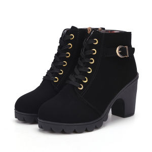 Size 35-42 Womens High Heel Martin Boots Thick Sole Lace Up Shoes Low Barrel Thick Heel Short Boots