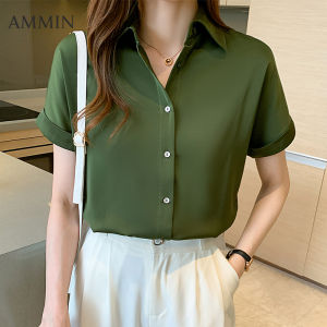 AMMIN Summer Satin Short Sleeve Chiffon Shirt For Fashion Simple Design Retro Short Sleeve Top Lady Casual Commuter Blouse