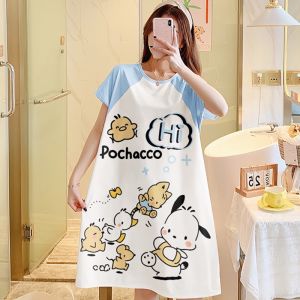 ชุดนอนกระโปรง เนื้อผ้านุ่ม คุณภาพสูง ลายการ์ตูนน่ารัก ผ้าคอตตอน กระโปรงแขนสั้น