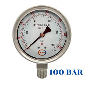 MANO Pressure gauge 100 Bar (1450 psig) Dial Size 4 inch Accuracy 1.5% Material Stainless connector 1/2" NPT