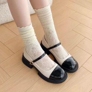 Kiyayai สีขาวกลวงลูกไม้กองถุงเท้าญี่ปุ่นน่ารักถุงเท้ากลางน่องสำหรับผู้หญิงกลางน่องของผู้หญิงระบายอากาศแมรี่เจนเชื้อราลูกไม้น่องถุงเท้าบางฤดูร้อน