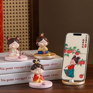 GOLDMINES Resin Ancient Style Phone Stand Ancient Clothing Girl Aesthetic Cartoon Girl Desk Lazy Bracket Phone Tablet Bracket Statue Chinese Style Mobile Phone Holder Smart Phone Display