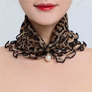 HULEQQI Đơn giản Bọc cổ Thanh lịch Viền xếp nếp In Hoa Khăn choàng cổ Khăn Quàng chống nắng Khăn choàng In da báo YẾM MÙA HÈ Khăn quàng cổ phong cách Hàn Quốc Khăn choàng nữ Khăn quàng cổ in họa tiết