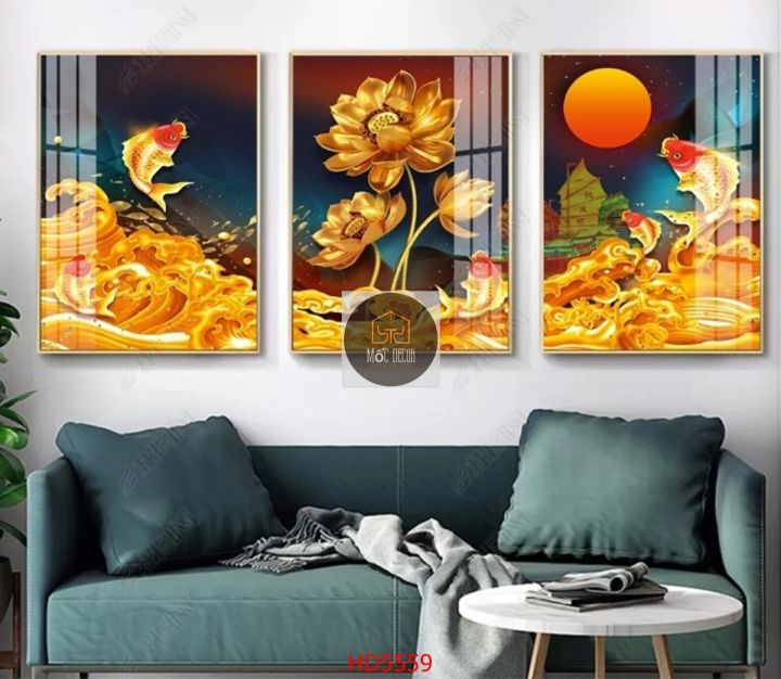 Bộ 3 tranh sen cỡ 50x70cm chất liệu tráng gương sang trọng phù hợp treo ...