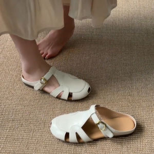 Free Shipping Soft-Soled Non-Slip Roman-Style Half-Slipper For Women 2026 Summer New Collection Featuring A Hollow Design For Breathability Versatile For Outdoor Wear And With A Closed-Toe Style
