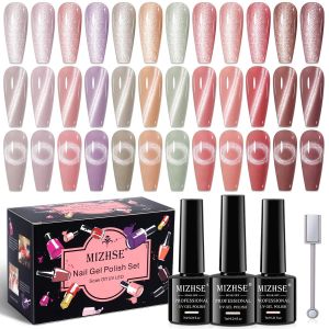 MIZHSE 8 Colors 9D Cat Eye Gel Magnetic Gel Polish Kit with Magnet Stick Galaxy Glitter Chameleon Effect Silk Velvet Cat Eye Soak Off Nail Art Design Ladies Gift