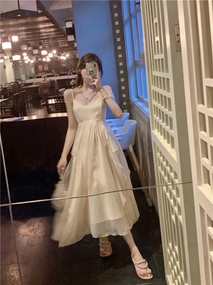 FOX.G french fairy dress 2022 new design feeling gentle dignified large  size loose temperament cream suspender dress women dinner party A-Line Maxi  Dress Apricot Polyester Dress - Lazada | Lazada