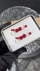 【HANDMADE+Free Glue】Artificial Toenail Cute Hello Cat Phototherapy Fake Toenail Patch Press on Nails Reusable