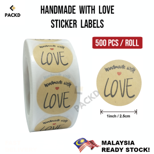 Handmade with Love Stickers Cookie Stickers 500pcs / Roll 1 Inch 2.5cm Permanent Adhesive Products Labels Packages Bags Boxes | Pelekat Buatan Tangan dengan Cinta Pelekat Kekal Produk Label Pakej Beg | 手工制作爱心贴纸饼干贴纸永久不干胶产品标签包装袋盒子