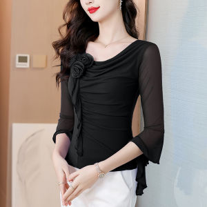 YIMEI Three dimensional flower ruffle edge mesh top for womens summer new style niche temperament pleated slim fit chic small T-shirt