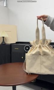Multi Earth Tone Drawstring Tote Bag Double Front Snap Pockets Print Woven Handle Soft Wrinkle Fabric Women Daily Office Commute Handbag
