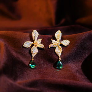 SEQUITO Luxury Indian Style Sparkly AAAAA Cubic Zircon Green Pendant Flower Long Drop Earrings Daily Party Gold Plated Jewelry SE1037