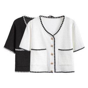 AN-13# Korean Cropped Cardigans For Women Short Sleeve Buttons Through With Pocket Silk Knit Office Wear Summer Spring