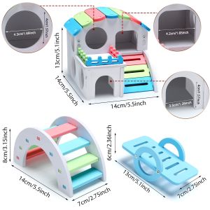 Teekland Fun Hamster Toys DIY Wooden Gerbil Hideout Include Swing Seesaw Rainbow Villa Bears Nest Fitness Circle Arch Bridge Bell Roller Snail House for Sport Exercise Small Animals