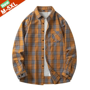 Free Ship Plaid Shirts Men Long Sleeve Casual Spring Flannel Cotton Men Shirts Male Free Iron Big Size Slim Fitted M-5XL Orange