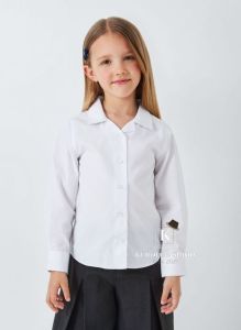 Blus Putih Anak Perempuan Lengan Panjang Katun Solid 100% Cetak Krah Turn Down 5-12 Tahun