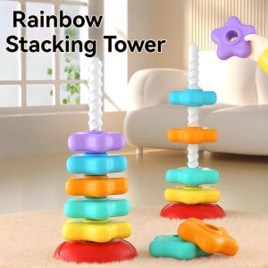 Rainbow Ring Tower Toys Baby Rainbow Stacking and Spinning Tower Toy Rainbow Blocks Wooden Toys Early Learning Training Hand Fine Motor Color Montessori Toddler Kids Education Toy Baby