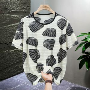 【5XL-12XL】175KG Can Wear Large Big Plus Size Fat Oversize 88%Nylon Mens Mesh Hollow Striped Pattern Short Sleeve Cool T-Shirt Loose Fashion Casual Summer