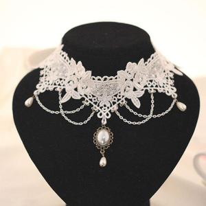 Pearl White Lace Choker Necklace Bridal Jewelry Women Wedding Tassel Punk Style Lace Pendant
