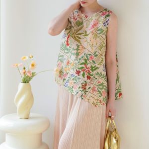 6970 Xia Sanzhai Pleated Classic Style Print National Style Versatile Casual T-Shirt Top Print One Size (45-75kg)