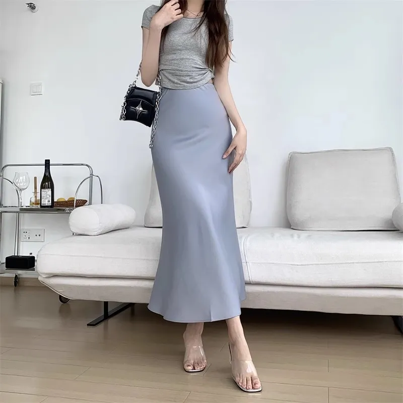 READY STOCK Women Plus Size Bottom Silk Long Maxi High Waist Wrap Skinny Fish Tail Plain Color Skirt Dress Size S XL Lazada