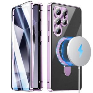 Electroplated Metal Case for Samsung Galaxy S25 Ultra MagSafe Magnetic Ring Stand HD Tempered Glass Screen/Lens Protector Wireless Charging Shockproof Cover