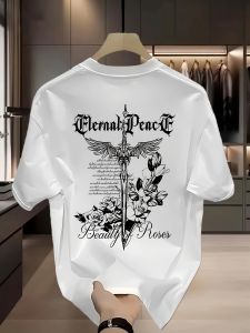 Men’s heat-transfer printed T-shirt – featuring Gothic designs of "Eternal Peace" and "The Beauty of a Rose" in black with a slim fit short sleeves suitable for casual summer wear made from breathable comfortable and soft fabric