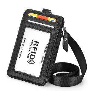 Badge Holder with Zipper Genuine Leather RFID Keychain Wallet Neck Lanyards with Swivel Hook for Card/Coin/Cash Black