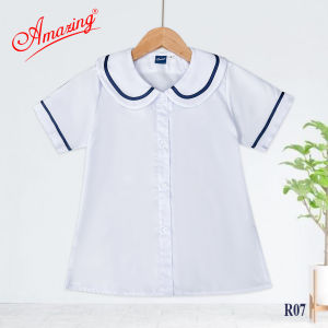 Áo sơ mi trắng cổ lá sen viền xanh cao cấp cho bé gái đến trường big size từ 26kg đến 70kg