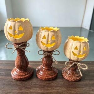 ALENEE Vintage Style Pumpkin Candle Holder with Light Antique Finish with Bow Halloween Pumpkin Lamp Cozy Ambiance Warm LED Rustic Pumpkin Lantern Farmhouse Decor