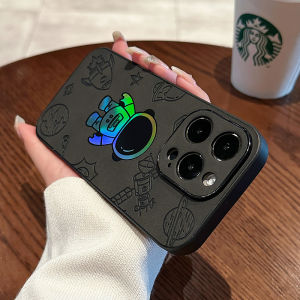 CrashStar Laser Cute Astronaut Embossed Leather Hard Shockproof Phone Case For iPhone 16 15 14 13 12 11 Pro Max XS XR X 8 + 7 Plus Fashion Black Phone Casing Cover With Full Cover Lens Camera Protection Hot Sale