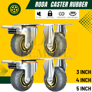 RODA TROLY CASTER BAHAN RUBBER HITAM MATI REM 3 4 5 INCH SET 4 PC