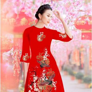 {HCM}Áo dài cách tân in chim hạt đậu trên cành đào AD013 - Khánh Linh Style- Lady Fashion