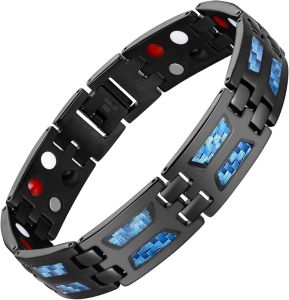 Feraco Magnetic Bracelets for Men Stainless Steel Magnet Bracelets with Unique Blue Carbon Fiber & 4 Natural Elements Adjustable with Sizing Tool